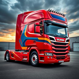 A striking design of a Scania R500 truck in a bold red color