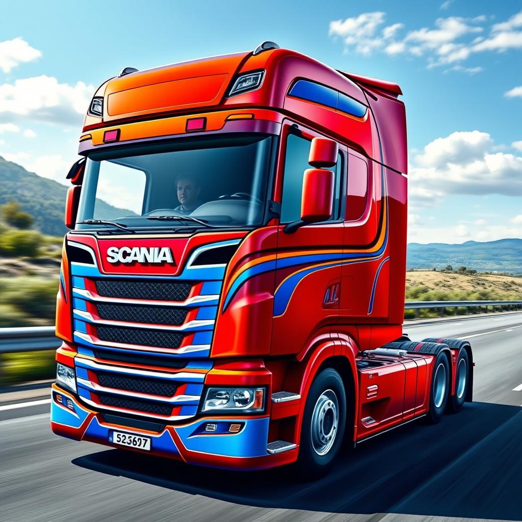 A detailed design of a Scania R500 truck, predominantly in a bold red color with accents of blue and orange