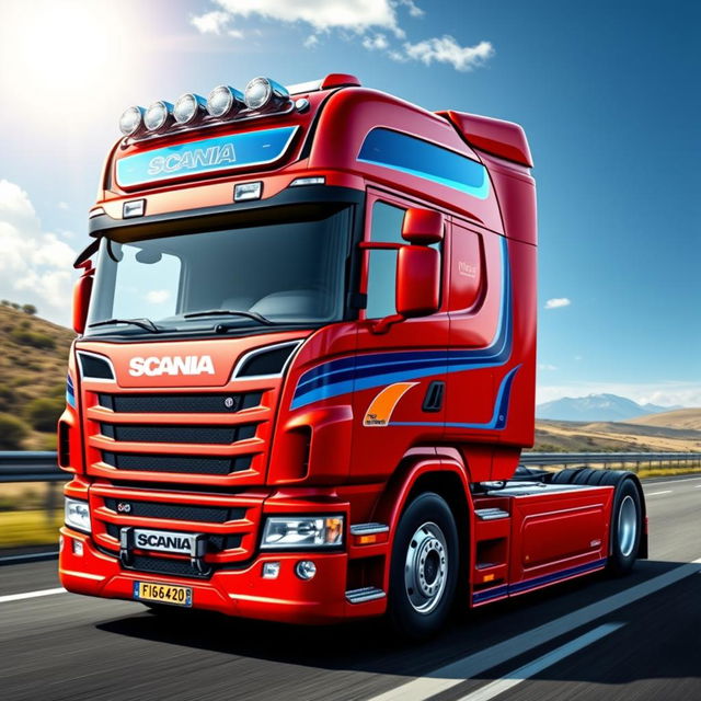 A detailed design of a Scania R500 truck, predominantly in a bold red color with accents of blue and orange