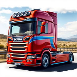 A detailed design of a Scania R500 truck, predominantly in a bold red color with accents of blue and orange