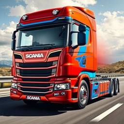 A detailed design of a Scania R500 truck, predominantly in a bold red color with accents of blue and orange