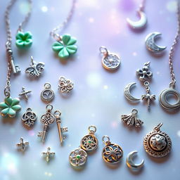 A mystical, enchanting background featuring a variety of beautiful charms and talismans, each with unique designs and intricate details