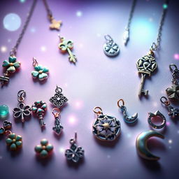 A mystical, enchanting background featuring a variety of beautiful charms and talismans, each with unique designs and intricate details