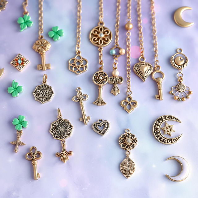 A mystical, enchanting background featuring a variety of beautiful charms and talismans, each with unique designs and intricate details