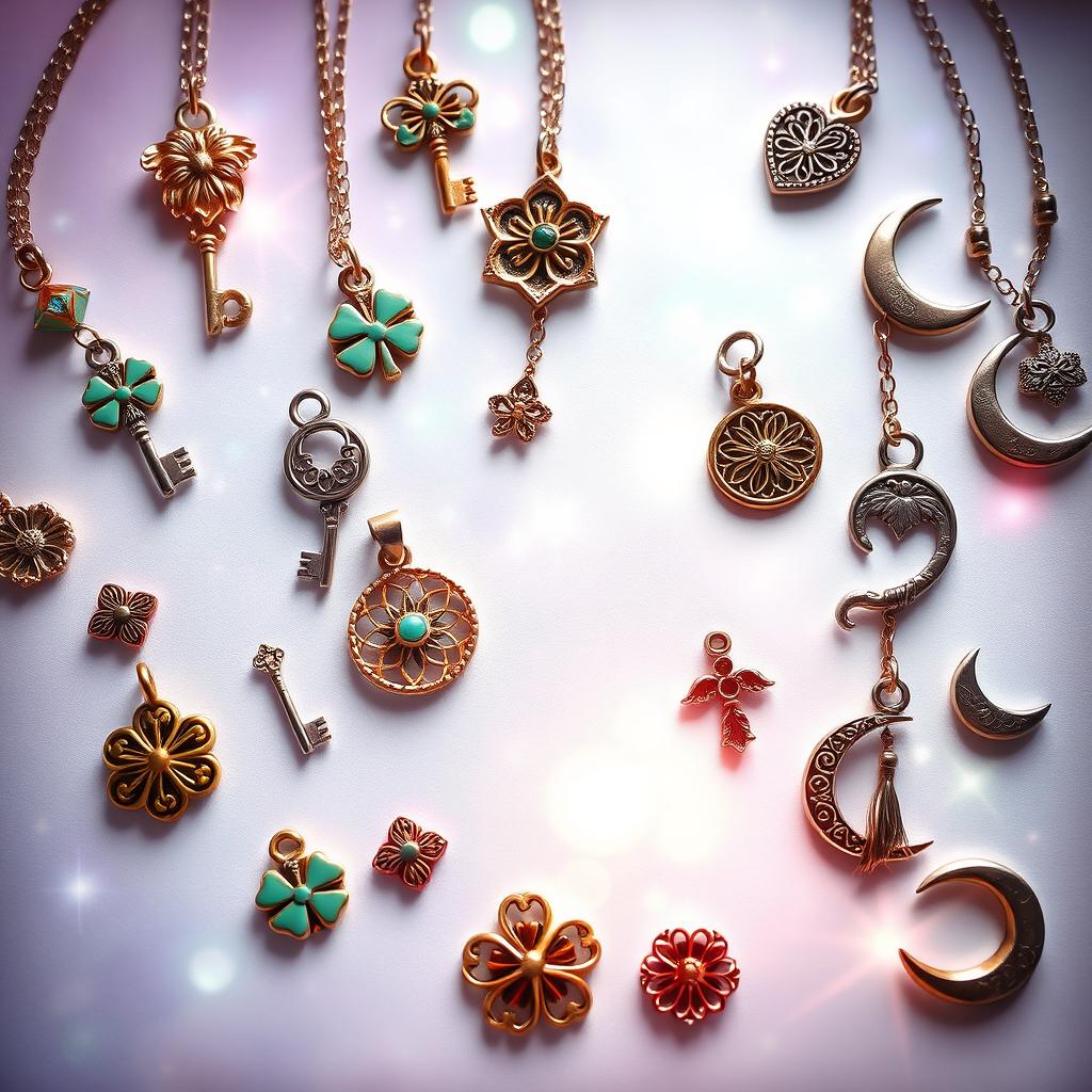 A mystical, enchanting background featuring a variety of beautiful charms and talismans, each with unique designs and intricate details