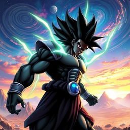 A powerful Black Saiyan warrior, muscular and imposing, standing in a dynamic battle pose with a fierce expression on his face