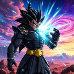 A powerful Black Saiyan warrior, muscular and imposing, standing in a dynamic battle pose with a fierce expression on his face
