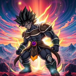 A powerful Black Saiyan warrior, muscular and imposing, standing in a dynamic battle pose with a fierce expression on his face