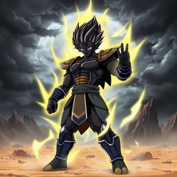 A powerful black Saiyan warrior standing in a dramatic pose, clad in traditional Saiyan armor that showcases a muscular physique