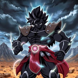 A powerful black Saiyan warrior standing in a dramatic pose, clad in traditional Saiyan armor that showcases a muscular physique