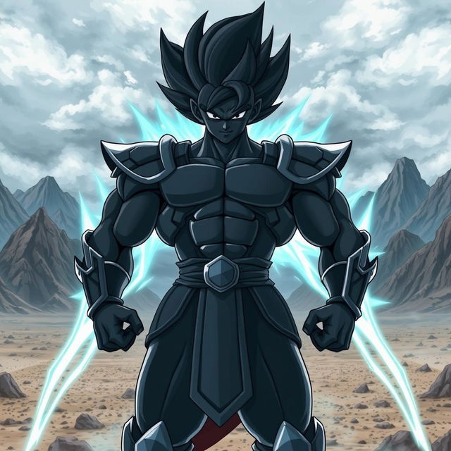 A powerful black Saiyan warrior standing in a dramatic pose, clad in traditional Saiyan armor that showcases a muscular physique