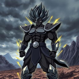 A powerful black Saiyan warrior standing in a dramatic pose, clad in traditional Saiyan armor that showcases a muscular physique