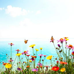 A serene landscape featuring a tranquil lake with crystal clear blue water reflecting the sky