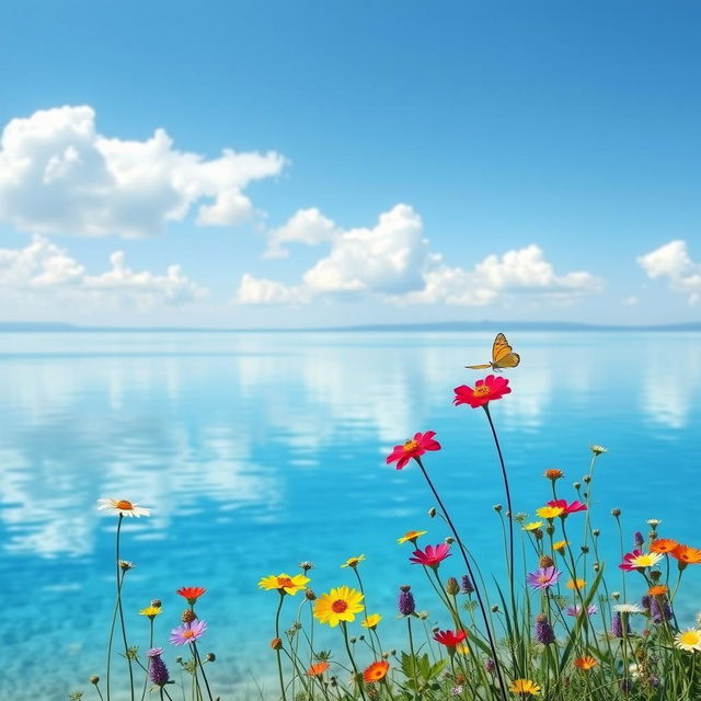 A serene landscape featuring a tranquil lake with crystal clear blue water reflecting the sky