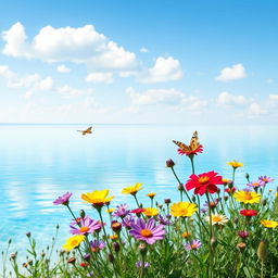 A serene landscape featuring a tranquil lake with crystal clear blue water reflecting the sky