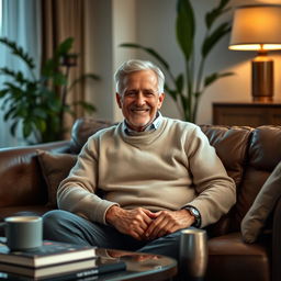 A mature adult man sitting comfortably in an elegantly decorated living room