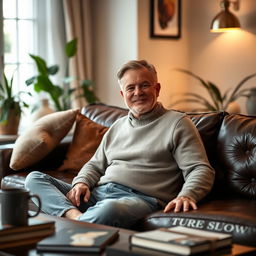 A mature adult man sitting comfortably in an elegantly decorated living room