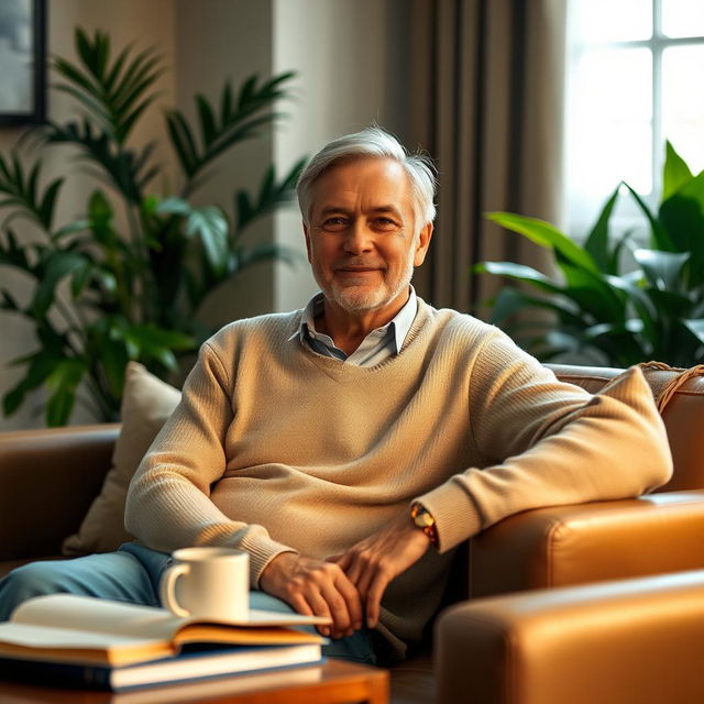 A mature adult man sitting comfortably in an elegantly decorated living room