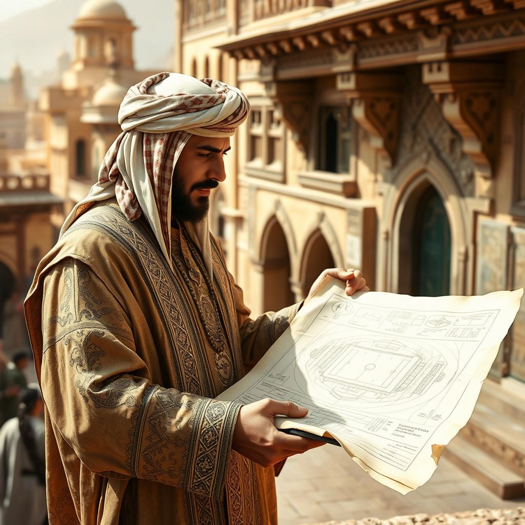 A medieval Arabian architect, dressed in an elaborate, flowing robe with intricate patterns and a traditional turban, stands on the right side of the image