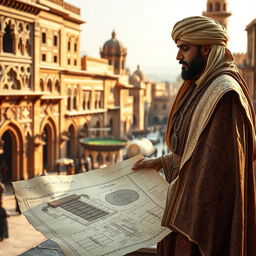 A medieval Arabian architect, dressed in an elaborate, flowing robe with intricate patterns and a traditional turban, stands on the right side of the image