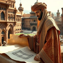 A medieval Arabian architect, dressed in an elaborate, flowing robe with intricate patterns and a traditional turban, stands on the right side of the image