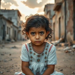 A young Palestinian girl sitting in a deserted street, her expressive eyes filled with tears, reflecting deep sadness and longing