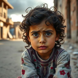 A young Palestinian girl sitting in a deserted street, her expressive eyes filled with tears, reflecting deep sadness and longing