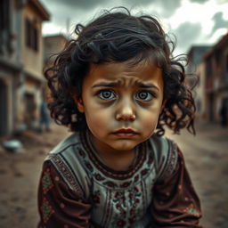 A young Palestinian girl sitting in a deserted street, her expressive eyes filled with tears, reflecting deep sadness and longing