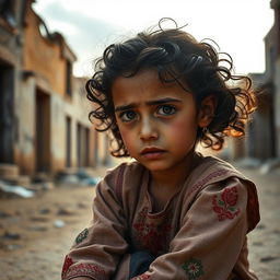 A young Palestinian girl sitting in a deserted street, her expressive eyes filled with tears, reflecting deep sadness and longing