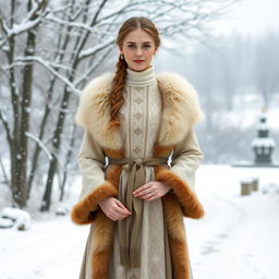 A graceful Russian woman aged 35 to 45 years, depicted in full length, wearing a modest yet stylish Snow Maiden costume