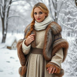A graceful Russian woman aged 35 to 45 years, depicted in full length, wearing a modest yet stylish Snow Maiden costume