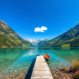 A vibrant, scenic view of a tranquil lake surrounded by lush, green mountains under a bright blue sky