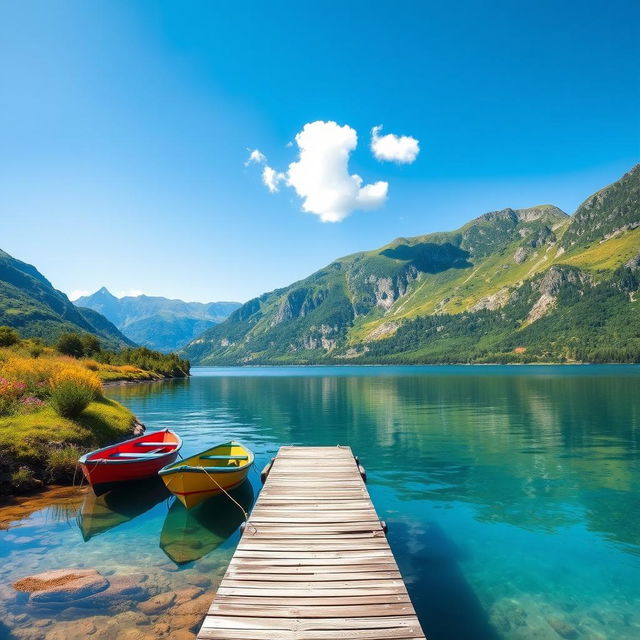 A vibrant, scenic view of a tranquil lake surrounded by lush, green mountains under a bright blue sky