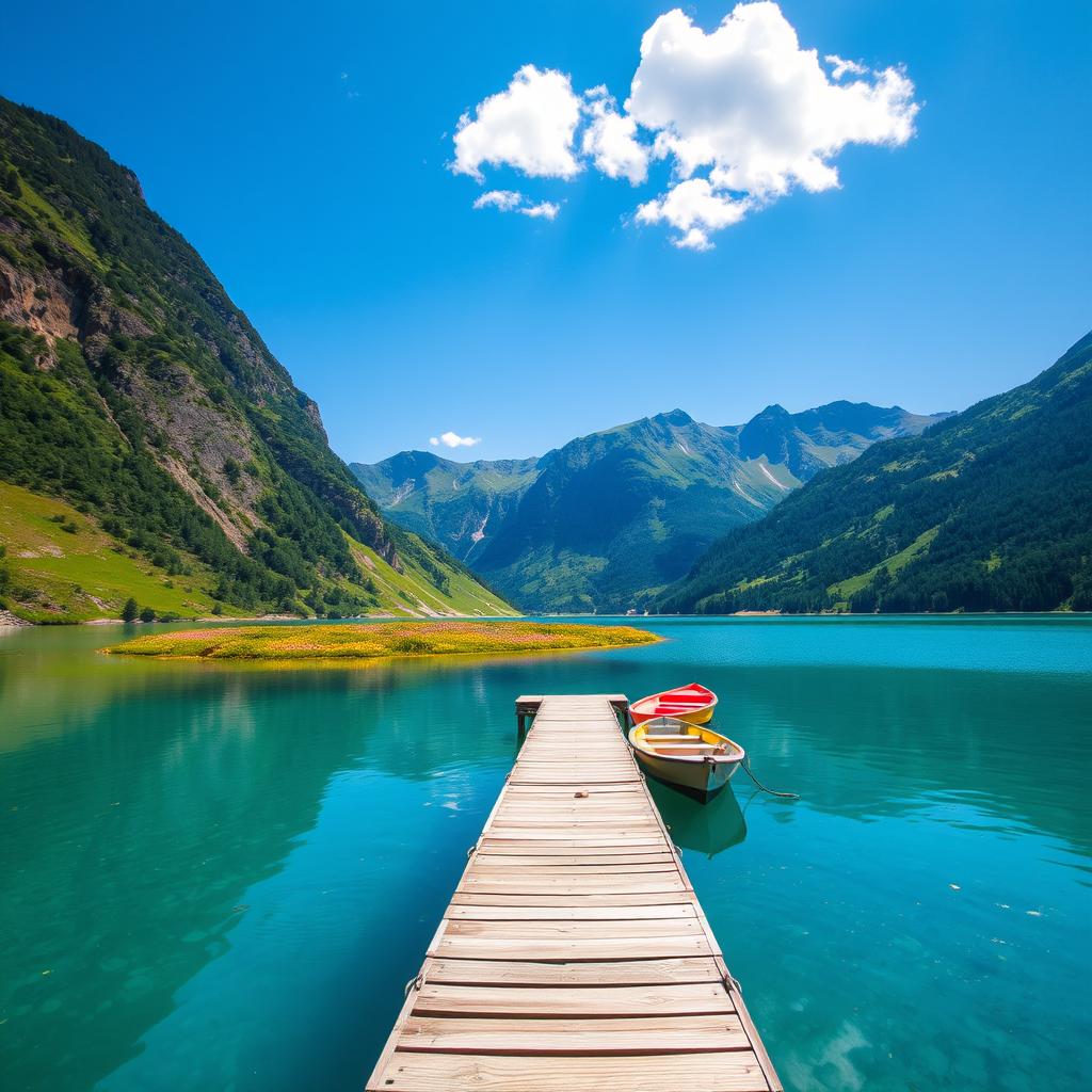 A vibrant, scenic view of a tranquil lake surrounded by lush, green mountains under a bright blue sky