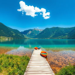 A vibrant, scenic view of a tranquil lake surrounded by lush, green mountains under a bright blue sky