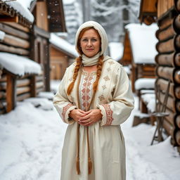 A humble Russian village woman aged 35 to 45 years, portrayed in full length as a Snow Maiden