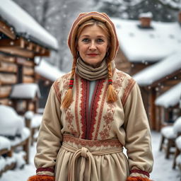 A humble Russian village woman aged 35 to 45 years, portrayed in full length as a Snow Maiden