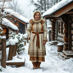 A humble Russian village woman aged 35 to 45 years, portrayed in full length as a Snow Maiden
