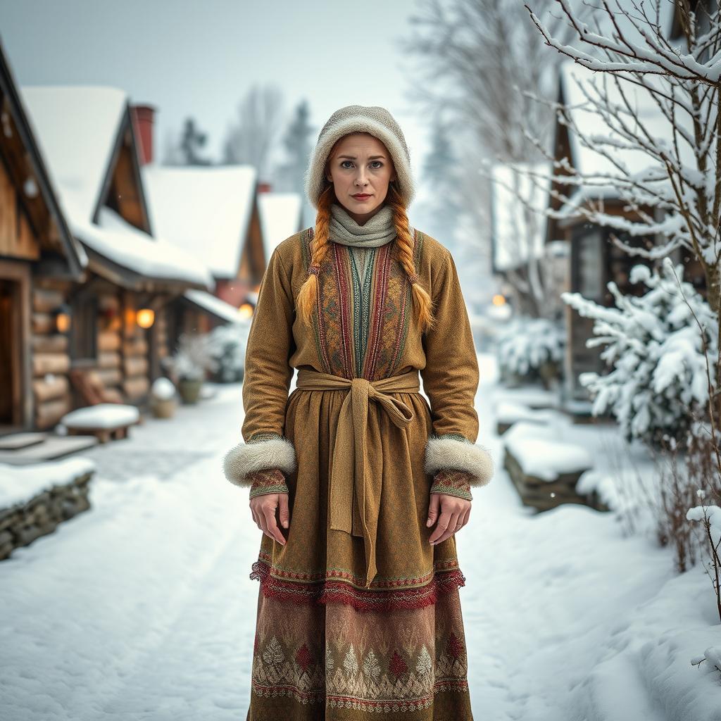 A rustic Russian village woman aged 35 to 45 years, portrayed in full length as a Snow Maiden