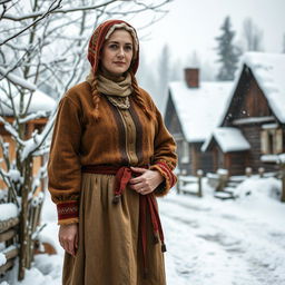 A rustic Russian village woman aged 35 to 45 years, portrayed in full length as a Snow Maiden