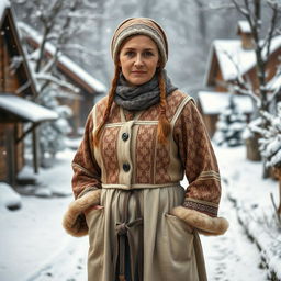 A rustic Russian village woman aged 35 to 45 years, portrayed in full length as a Snow Maiden