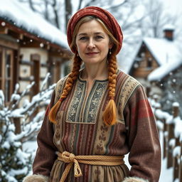 A rustic Russian village woman aged 35 to 45 years, portrayed in full length as a Snow Maiden