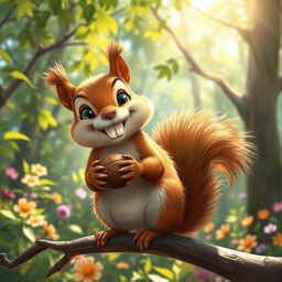 A playful and whimsical scene featuring a cute squirrel with oversized front teeth, sitting on a branch