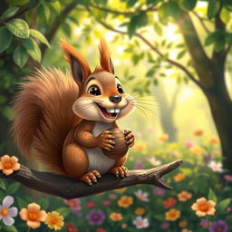 A playful and whimsical scene featuring a cute squirrel with oversized front teeth, sitting on a branch