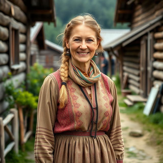 A rustic Russian village woman aged 35 to 45 years, portrayed in full length