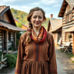A rustic Russian village woman aged 35 to 45 years, portrayed in full length