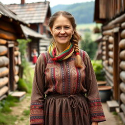 A rustic Russian village woman aged 35 to 45 years, portrayed in full length