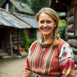 A rustic Russian village woman aged 35 to 45 years, portrayed in full length