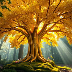 A magnificent golden tree standing tall in an enchanted forest