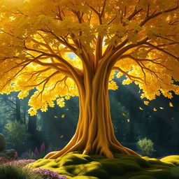 A magnificent golden tree standing tall in an enchanted forest